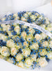 WHITE ROSES WITH BLUE GYP