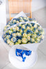 WHITE ROSES WITH BLUE GYP