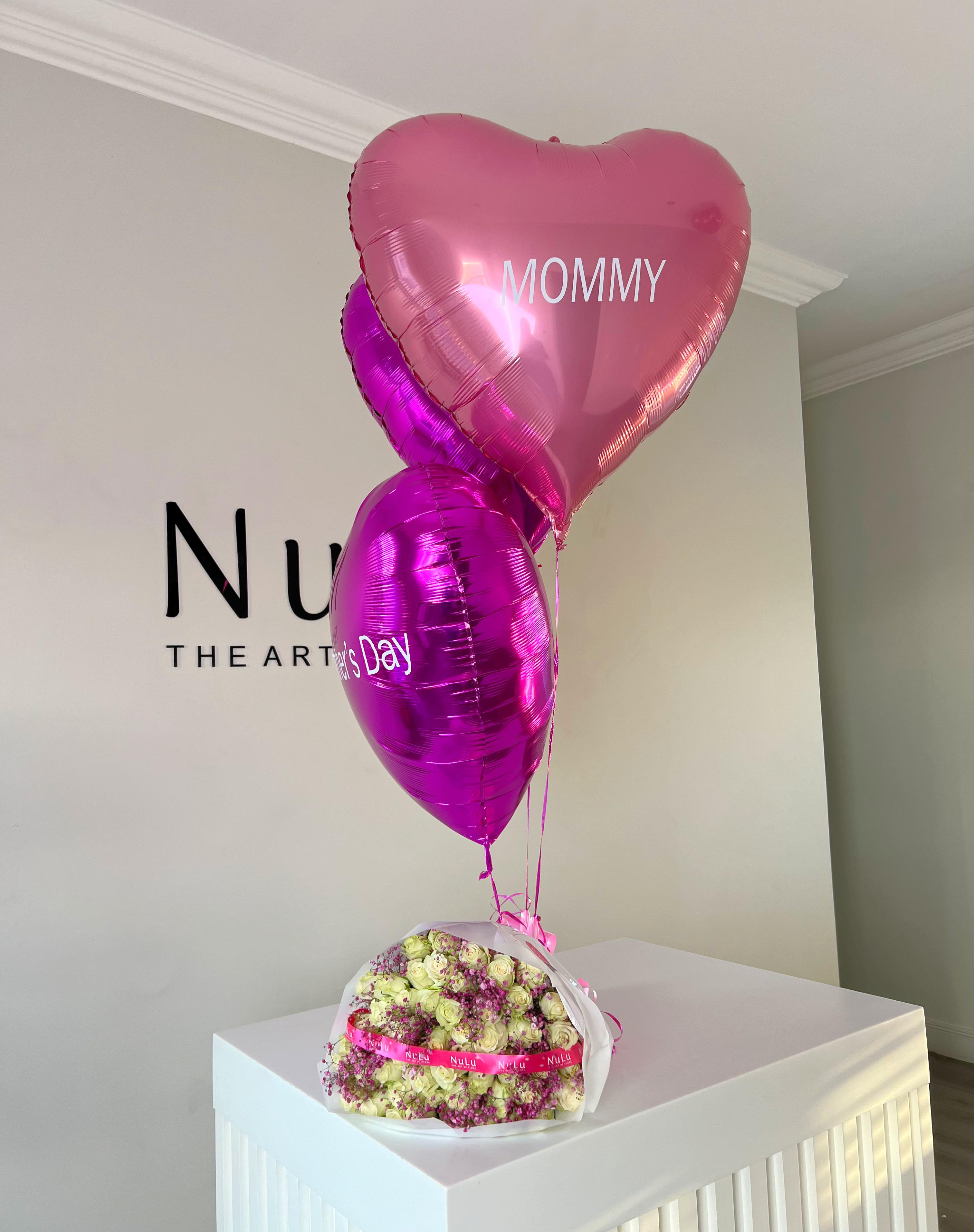 Mother's Day White Roses With Pink Gyp & Personalized balloons.